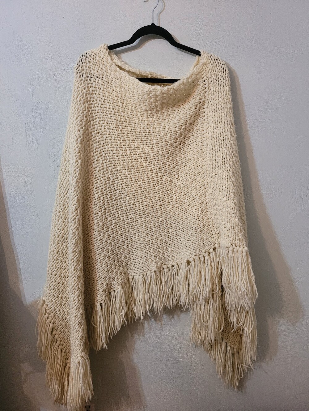 Vintage Cream Knit Fringe Cozy Poncho Sweater Wrap One Size!